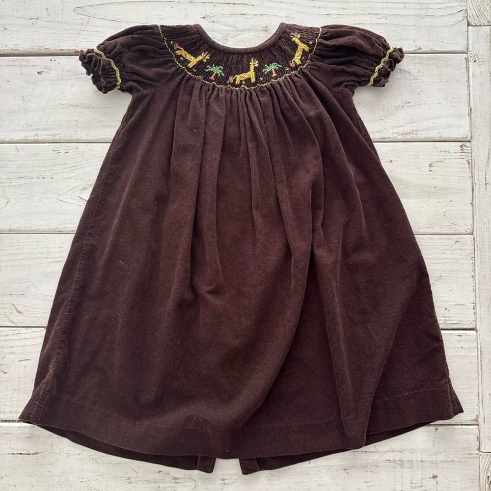 Giraffe Brown Embroidered Corduroy Dress